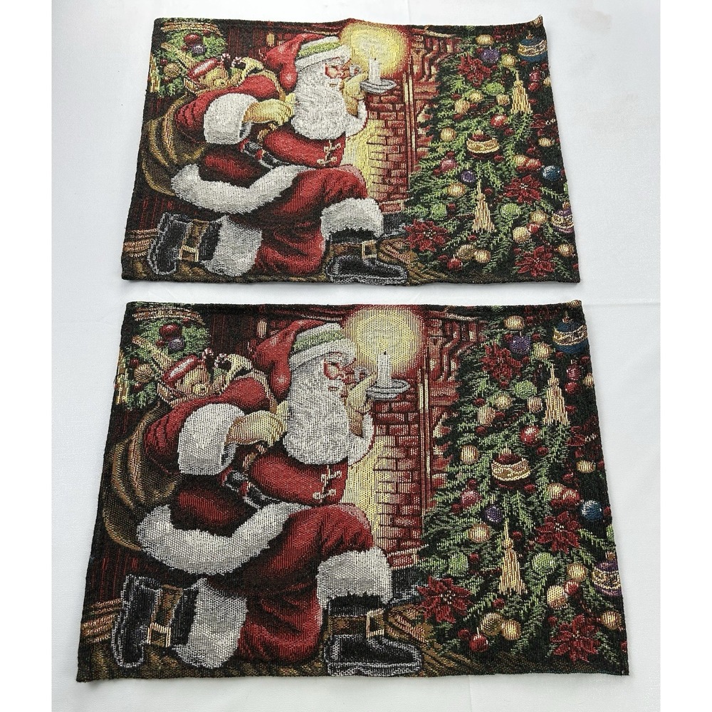Vintage Windham Home Christmas Tapestry Placemats Set 2 Santa Tree NOS 13x19